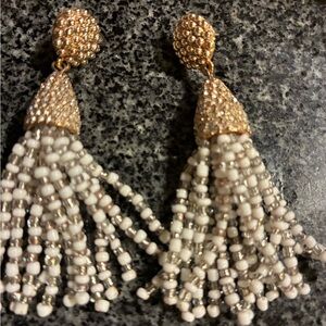 Elegant Gold and White Beaded Tassel Earrings